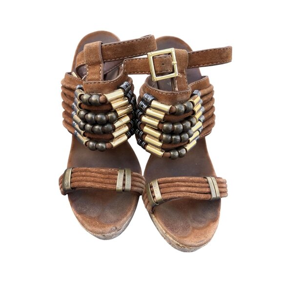Tory Burch Womens Brown Suede Beaded Cork Wedge Sandals Size 7.5 - Picture 2 of 7
